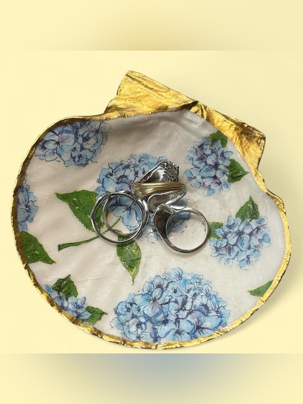 Floral Shell Trinket / Ring Dish with Blue Hydrangea Design